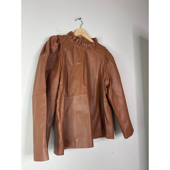 NEW Sea New York Lora Leather Back Buttoned Ruffled Neck Top Caramel Brown - Picture 3 of 7